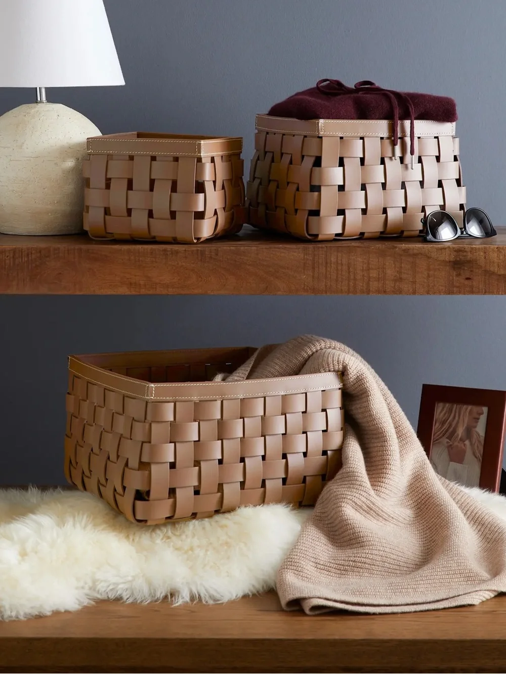 QUINCE Recycled Woven Leather Baskets (set of 3) Cognac